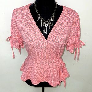 MERAKI | Women’s Pink and Blue Pattern Faux Wrap Blouse Size M